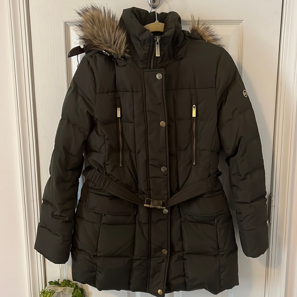 MichaelKors  army green faux fur hooded coat